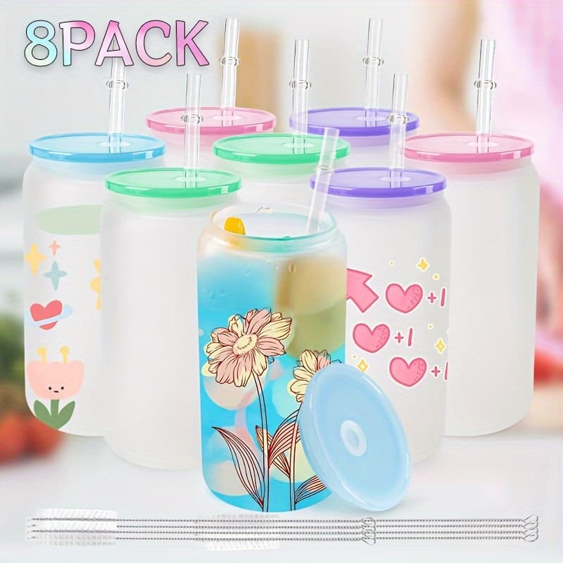 TEMU Of 8/12 Frosted Sublimation Glass Cups, 16 Oz Borosilicate Can Tumblers With Acrylic Lids, Suitable For Juice, Soda, And Iced Coffee