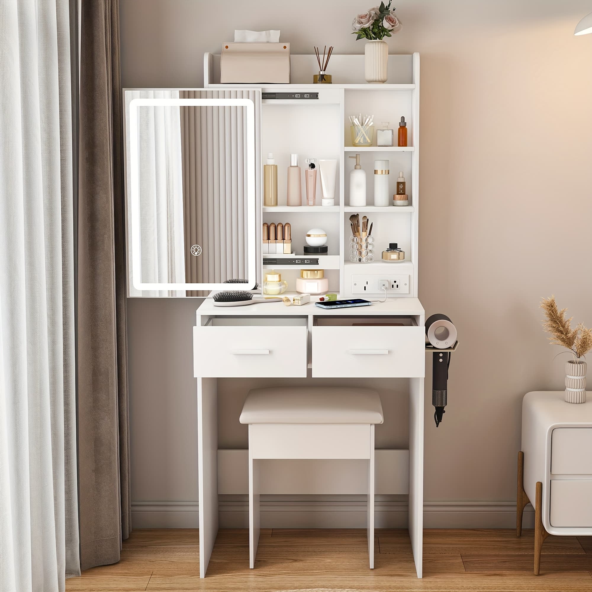 TEMU Small Makeup Vanity Desk With Mirror And Adjustable Led Lights, Built-in Power Outlet And Hidden Storage, Includes Padded Stool And Shelf, Space-saving Dressing Table For Small Bedrooms, White