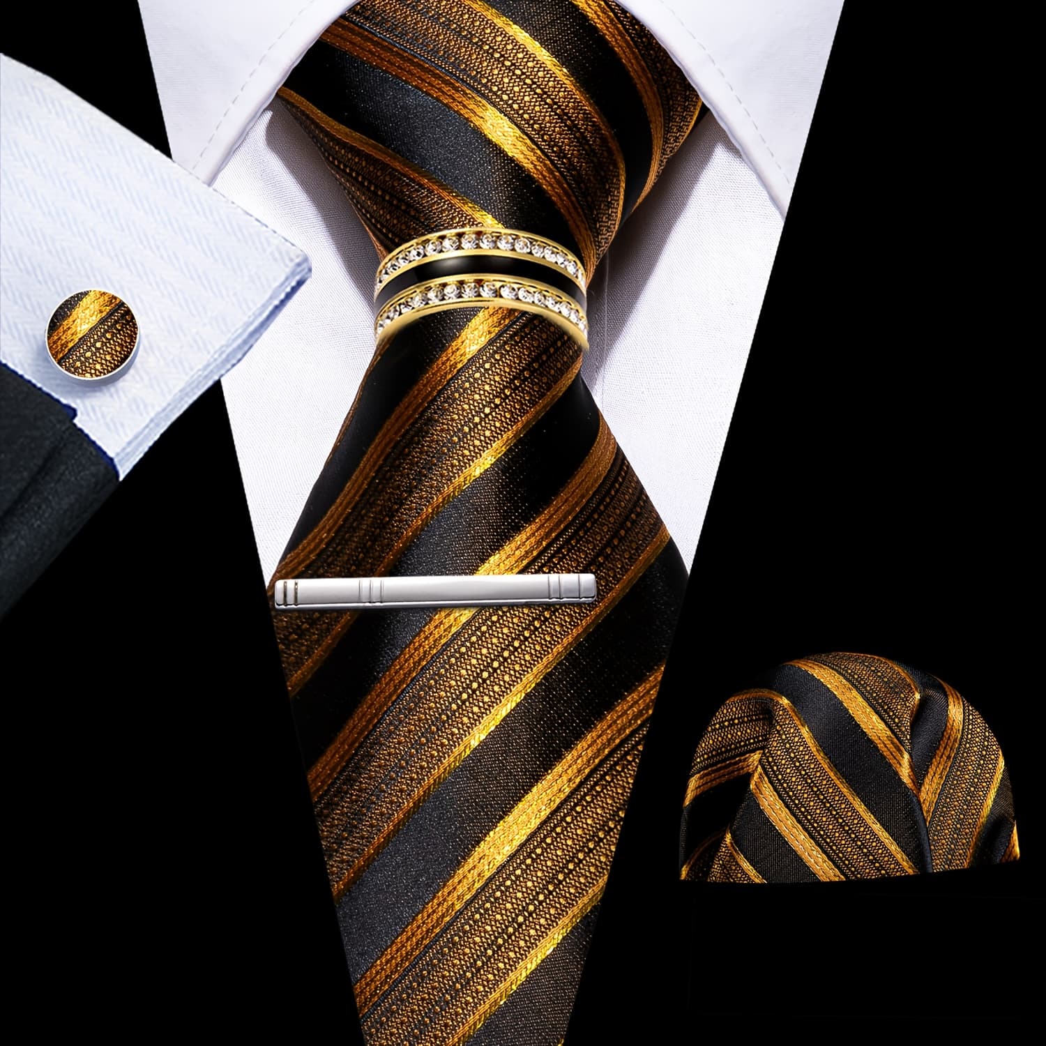 TEMU 1set Fashion Mens Tie Black Golden Striped Necktie Handkerchief Square Ring Clip Set Formal