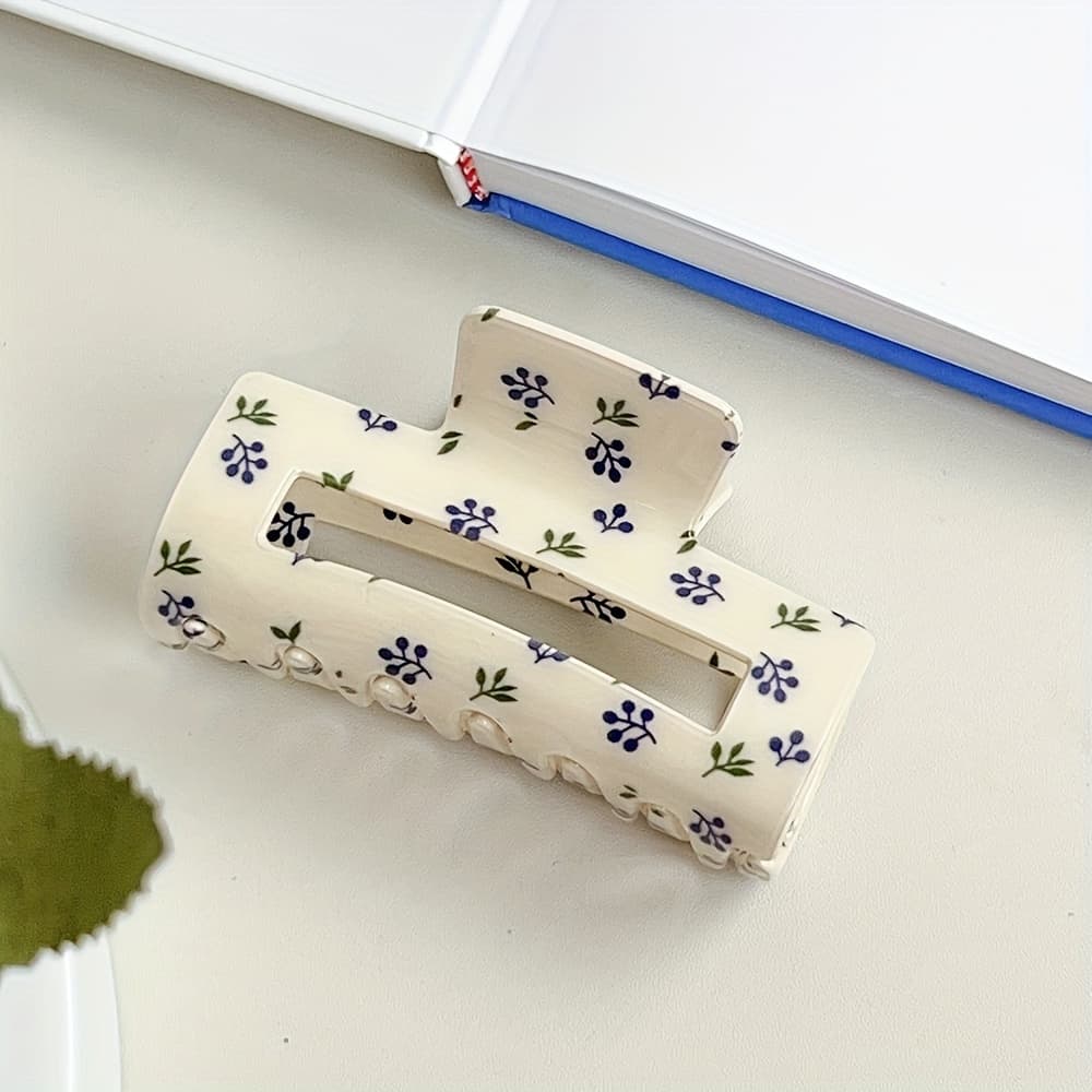 TEMU Large Blueberry Print Rectangular Hair Claw Clip - Vintage Botanical Design Acrylic Non-slip Hair Accessory For Women, , Picnics, And Bridal Hairstyles, Hair Accessories