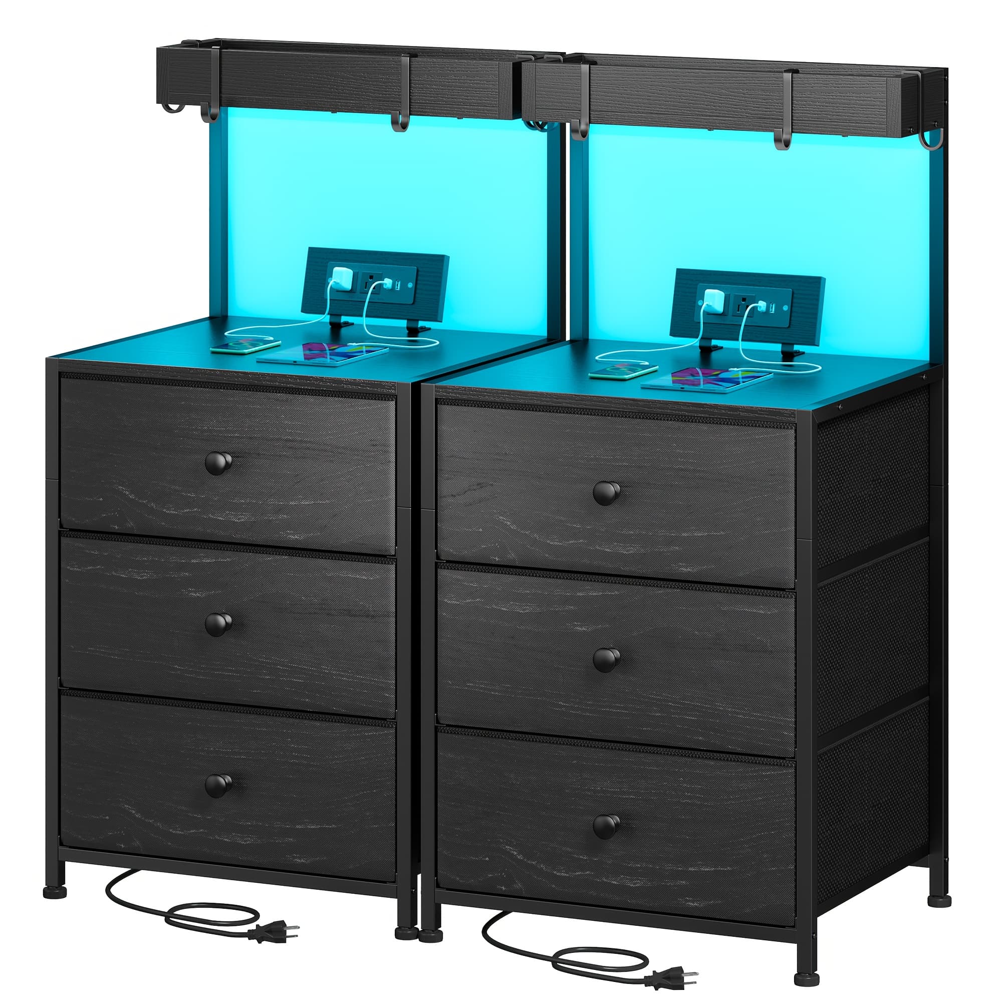 TEMU Tall Nightstand With Charging Station And Led Lights, Nightstand With 3 Drawers And Shelves, Bedside Table With Usb Ports And Outlets, For Bedroom, 4 Hooks, Black, White