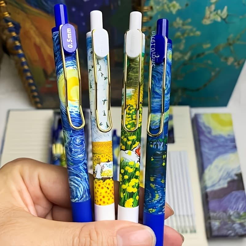 TEMU Starry Night Pen - 4pcs Gel Pen Fine Writing Set, Retractable 0.5mm Fine Tip, Smooth Writing, , Suitable For Office, Diary And Academic Use