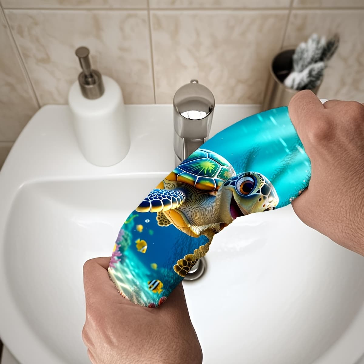 TEMU 1pc Of Rectangular Towel Featuring A Cartoon-style 2d Turtle Design, Soft, Comfortable, Durable, And , Suitable For Bathroom, Kitchen, Beach, And Pool