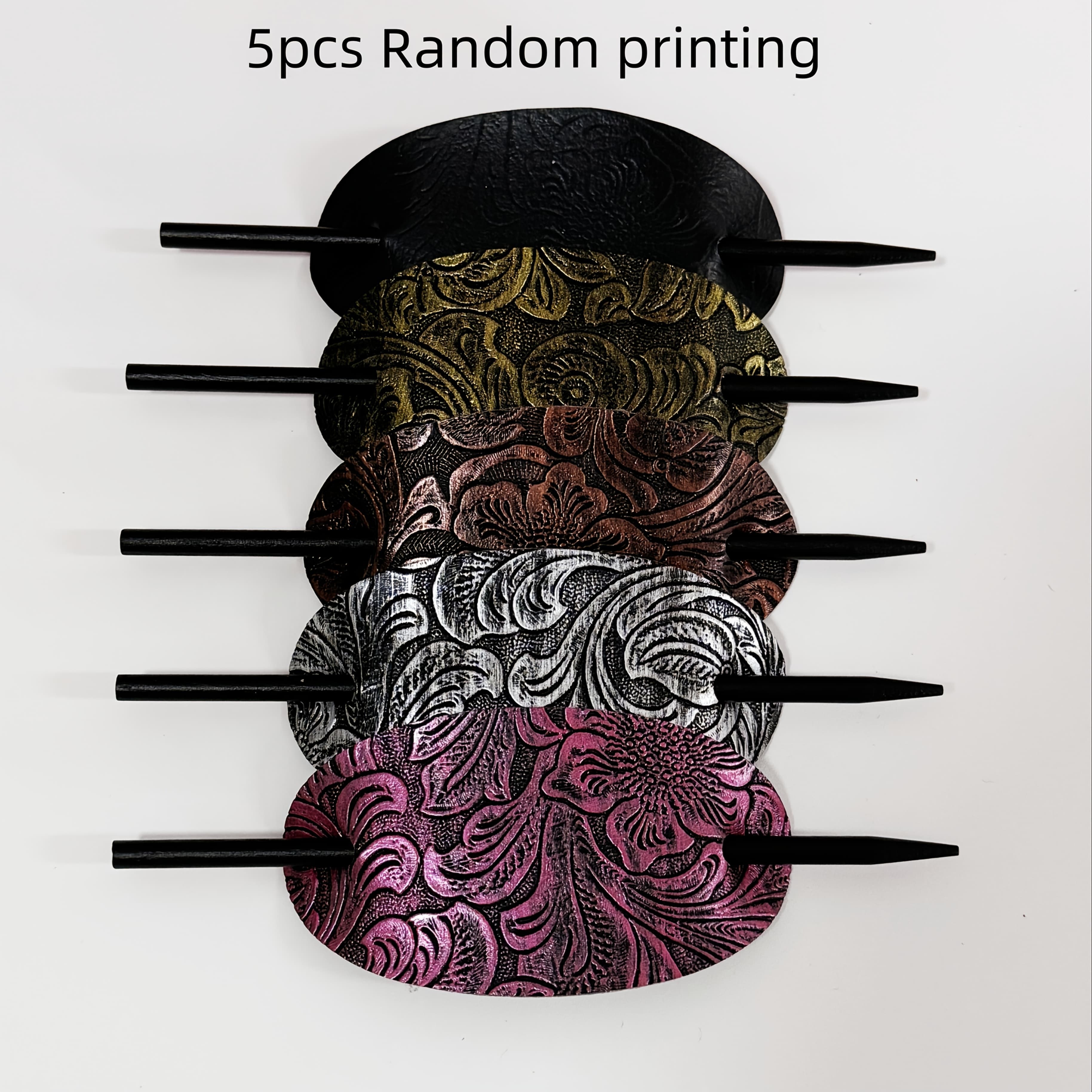 TEMU 5pcs Vintage Print Pu Leather Hairpins For Women, Hairstyle Design Hairpins, Updo Hairpins, Dress-up Hair Accessories