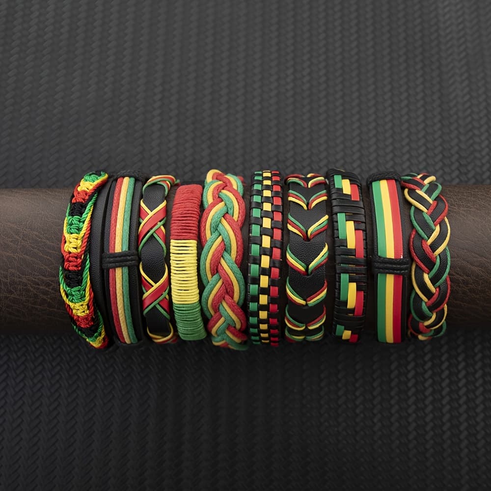TEMU 10pcs Of Red, Yellow, And Green Handmade Woven Faux Leather Bracelets Suitable For Daily Men And Women
