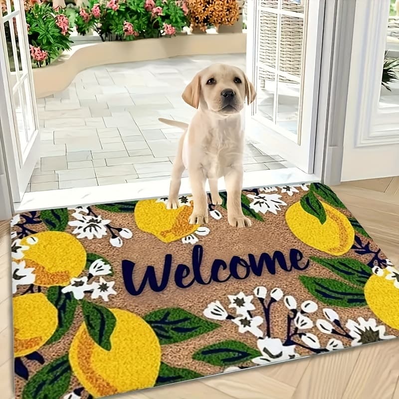 TEMU Non-slip Welcome Mat With Lemon & & "welcome" Text - Thick Indoor/outdoor Door, Pvc Backing & Grip, Hand Washable Entryway Suitable For Entrance, Bedroom, Laundry Room - Lemon And Flower Pattern