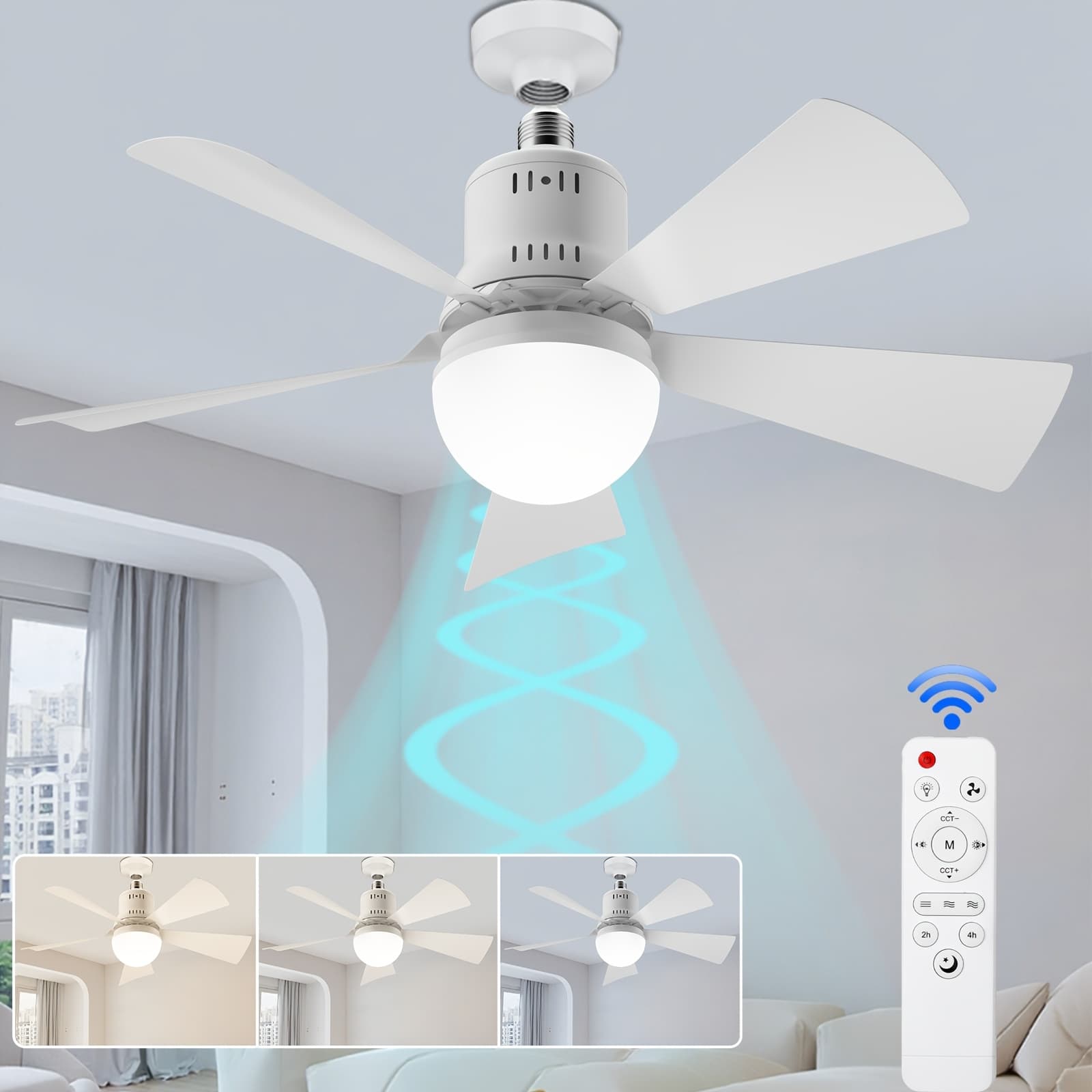 TEMU 20.5inch Socket Fan Light Ceiling Fan With Lights And Remote | Dimmable Led 3 Colors 3000k-6500k, 2000 Light Bulb, Screw-in, Suitable For Bedroom, Kitchen, Living Room, Closet