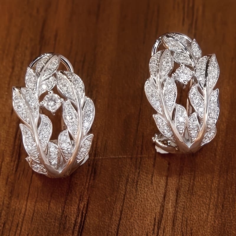 TEMU 1 Pair Of Women's Fashion Hoop Earrings With Micro- Shiny Zirconia Leaf Earrings Elegant Women' Casual Party Jewelry