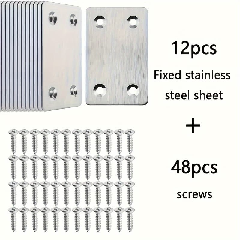 TEMU 60pcs Stainless Steel Flat Bracket And Screw Set - Durable Metal Support For Furniture, Tables, Wooden Shelves And Cabinets, Rectangular Plate Support
