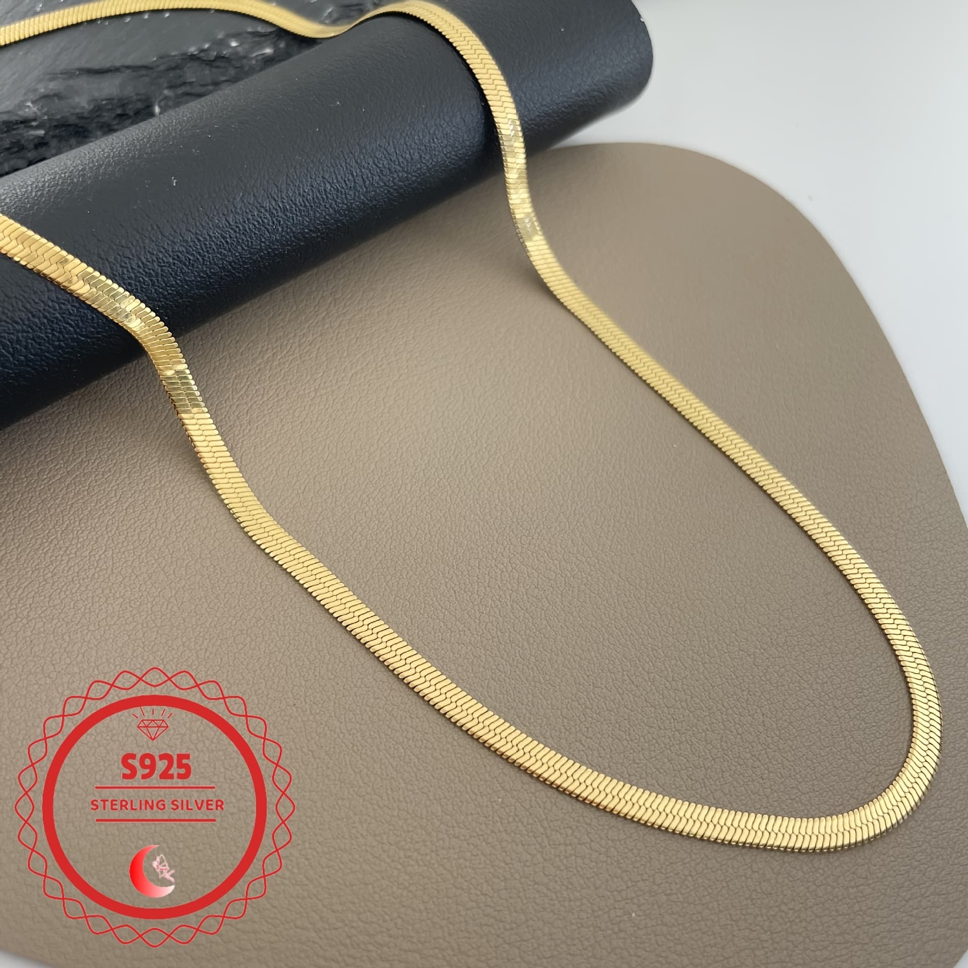 TEMU 24k Gold Plated Sterling Silver Herringbone Chain Necklace For Women Or Men's Chain, 8mm Italian Herringbone Flat Snake Bone Chain, 925 Sterling Silver Necklace For Men And Women