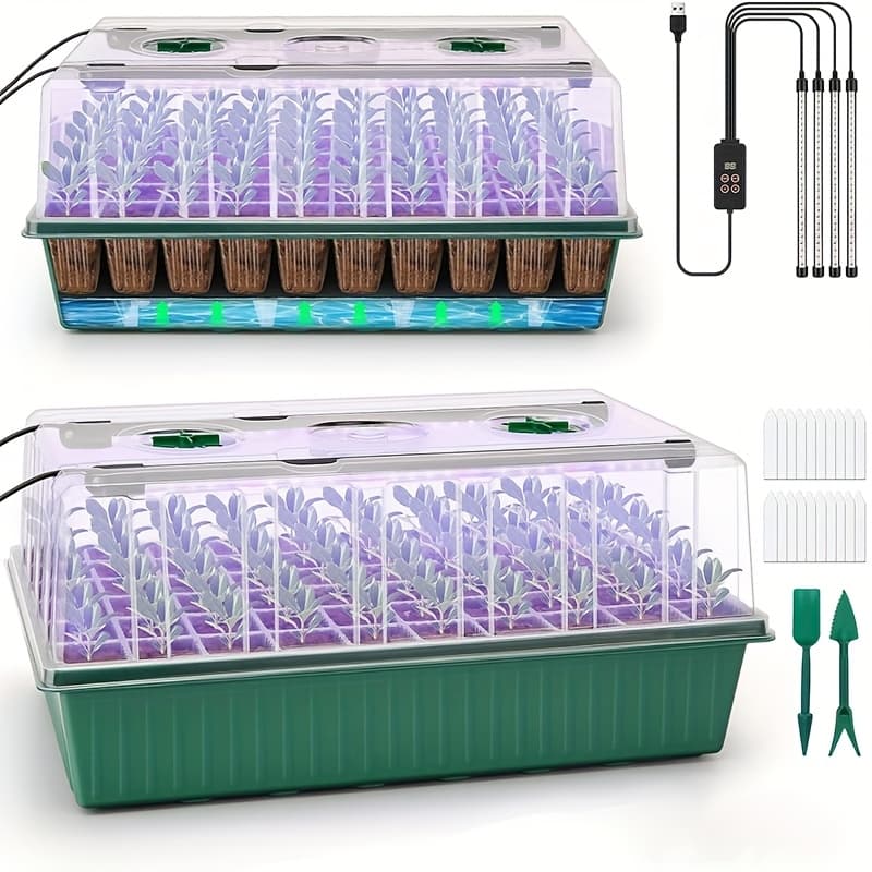 TEMU Self-watering Seed Starter Tray Kit With Grow Light And Humidity Dome, 3 Color Growing Light, 120-cell Plant Seedling Tray, Reusable Germination Trays, Adjustable/timed Light Plant