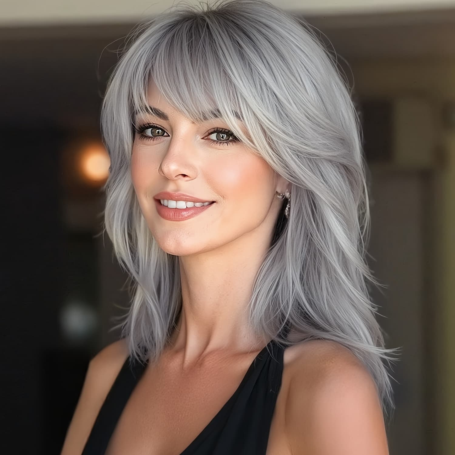 TEMU 16 Inch Women's Elegant Gray Blue Shoulder Length Hair With Bangs, Chemical Fiber Wig Rose High Temperature High Temperature Fiber For Occasions