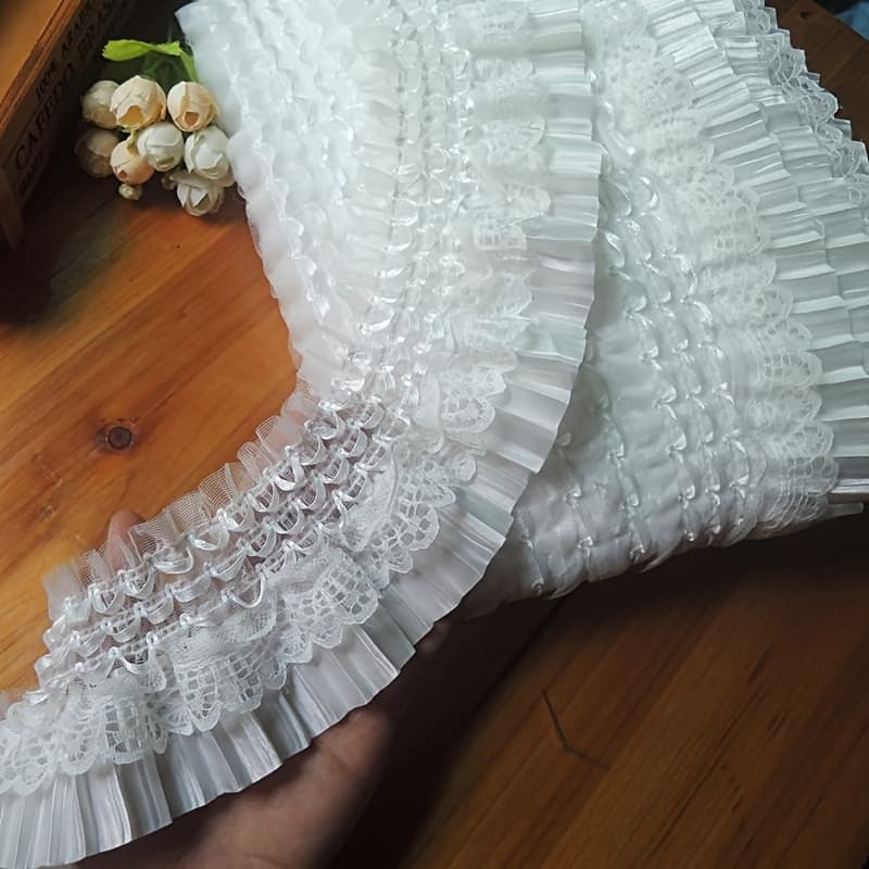 TEMU Luxury Lace Embroidery Ribbon, 7cm Wide, Elastic Ruffle Trim, White And Black, Sewing Collar/ Clothing/ Skirt/ Headwear/ Hats Trimmings, Decorative Flexi-stretch Edge Detailings