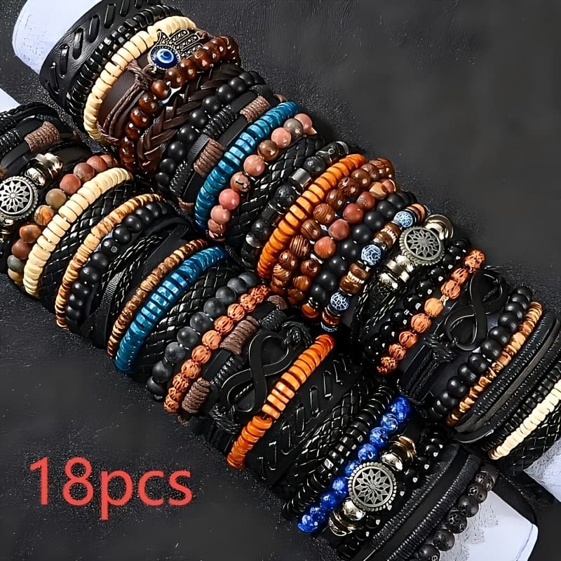 TEMU 18pcs Fashion Retro Casual Streetwear Pu Leather Bracelet Set Multiple Styles Included, Suitable For Casual Attire By Men And Women Ideal For Streetwear, Parties, Holidays, And Festive Gifts