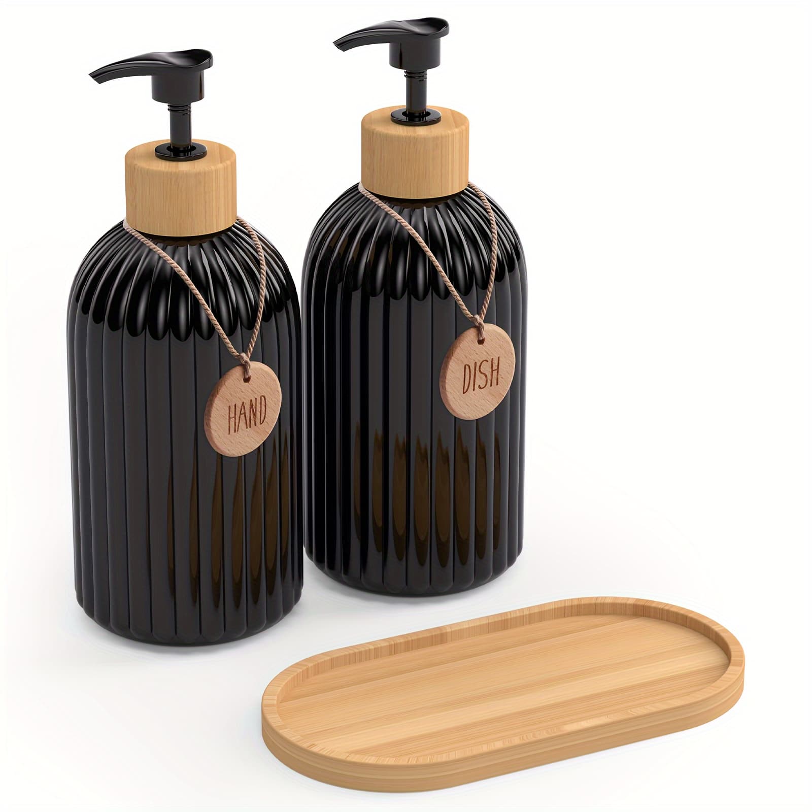 TEMU 1set Stylish Soap Dispenser Set With Tags – Countertop Hands Soap And Dish Soap Storage Container – Plastic Soap Dispenser Set For Home Decor, For Home Decor, Furniture For Home
