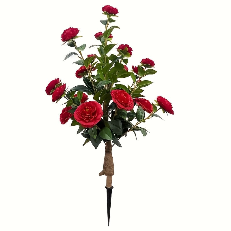 TEMU Realistic Artificial Red Camellia Tree With Foliage - Low-maintenance / Decoration Suitable For, Garden,, Balcony - With Ground Stakes, Plastic Camellia For Beauty