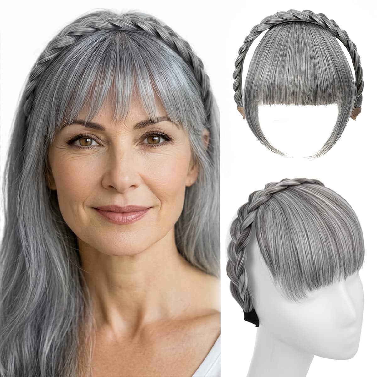 TEMU Silver Braided Hair Hoop With Bangs - Clip-in Fringe Hairband Wig Accessory For Women