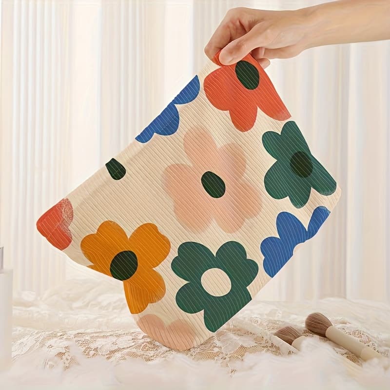 TEMU Colorful Floral Patterned Corduroy Makeup Bag -- Lightweight Zippered Style Cosmetic Storage Bag, Suitable For Men And Women's Toiletry Storage And Additions