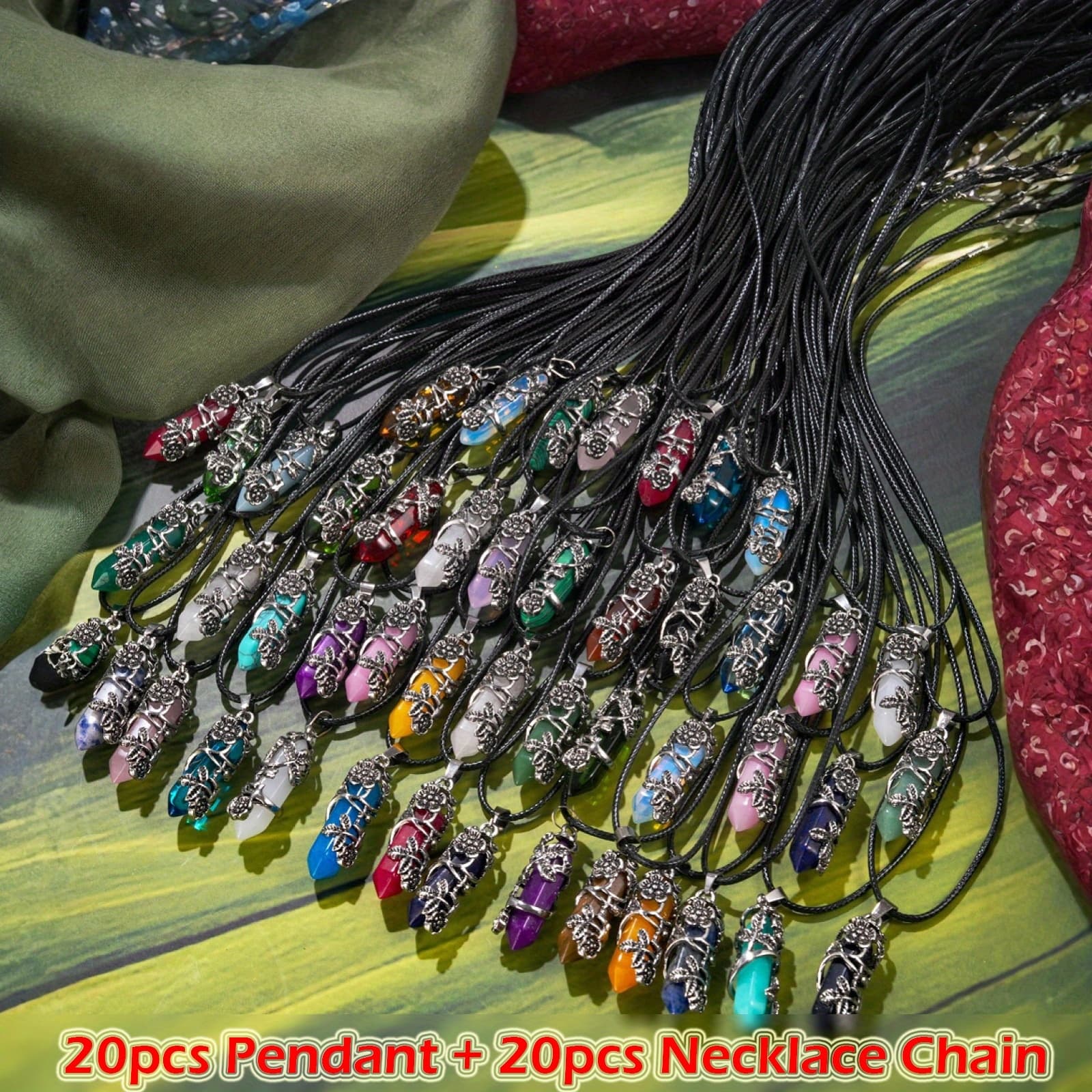 TEMU 40pcs Natural Stone Hexagonal Prism Wrap Flower Pendant & Black Chain Set (20pcs Pendant +20pcs Chain) - Ideal For Holiday Birthday Party Or Daily Wear
