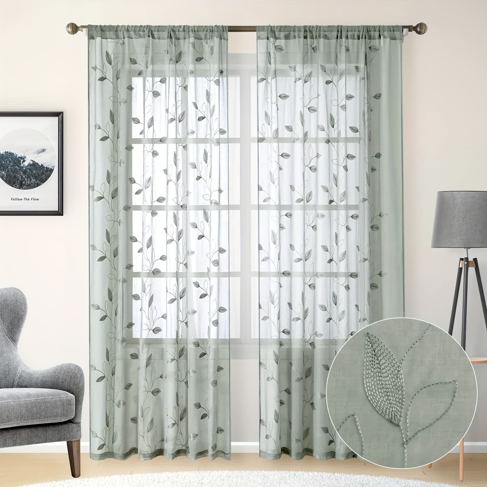 TEMU 2pcs Embroidered Leaf Pattern Sheer Curtains, Rod Pocket Polyester Drapes For Bedroom, Living Room, Kitchen - Machine Washable, Decorative Window Treatments, Semi-transparent, Bathroom