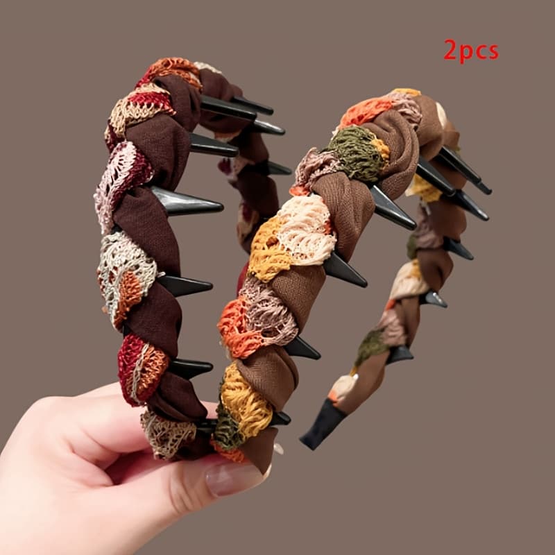 TEMU 2pcs Temperament Elegant Color Matching Fabric Winding With Teeth Non-slip Hairband High Skull Top Hairband Advanced Headband Hair Additions Fashion Face Pressing Hair Card Hairband Holiday Gift