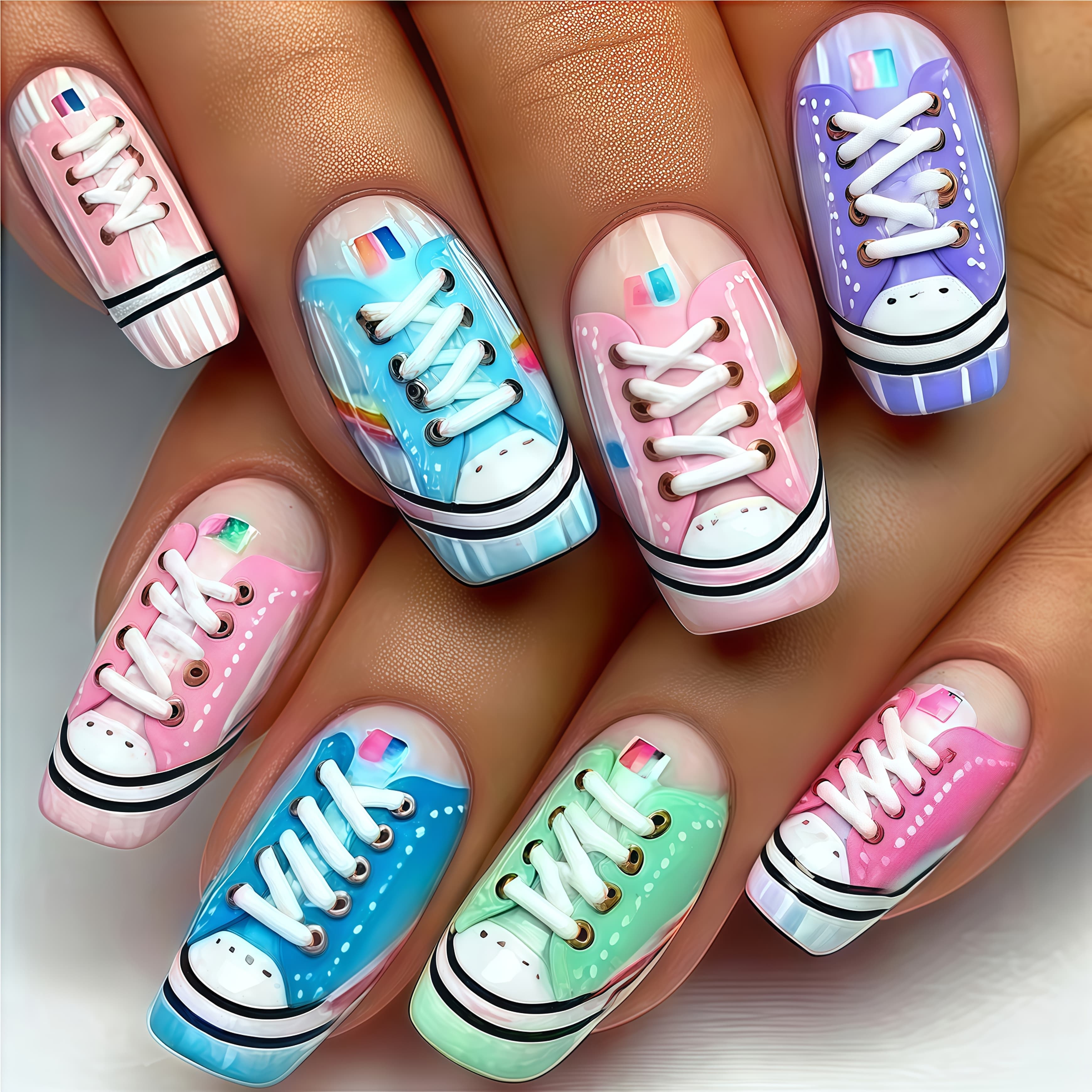 TEMU 24 Press-on Nail Pieces In Of Blue, Pink, Purple, And Green Featuring A Colorful Canvas Shoe . Medium-length Ballet Nail Tips With A Glossy End, Removable Fake Nails For Decorative