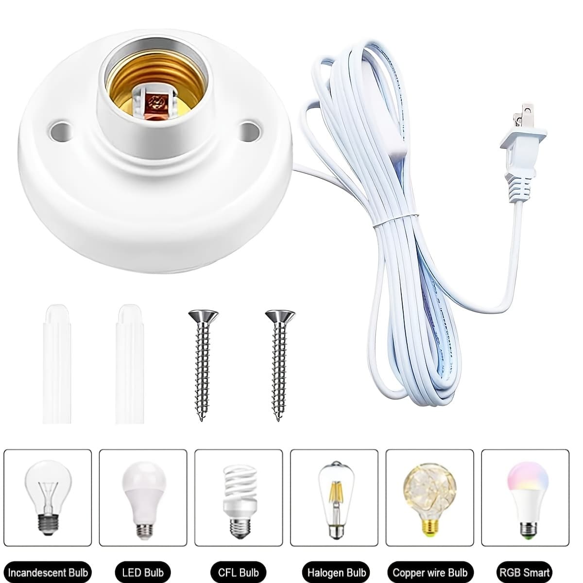 TEMU 15ft Light Socket With Cord, E26/e27 Bulb Compatible, Metal, White, Ceiling Mount, Light Socket With Switch, Perfect For Basement, Closet, Studio