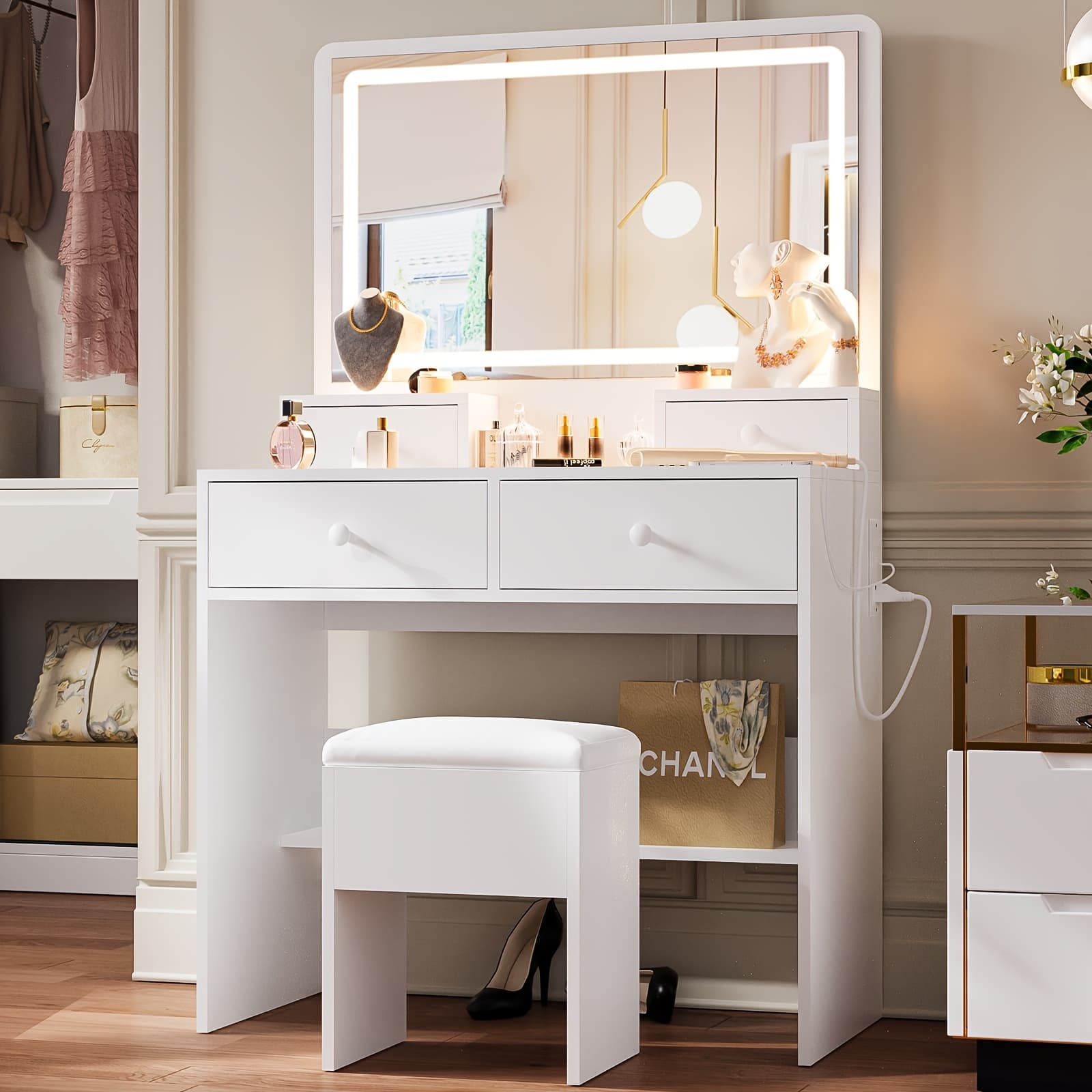 TEMU Modern Makeup Vanity Set With Led Mirror, 3 Color Lighting , Vanity Desk With 4 Storage Drawers, Vanity Table With Built-in Outlets, White