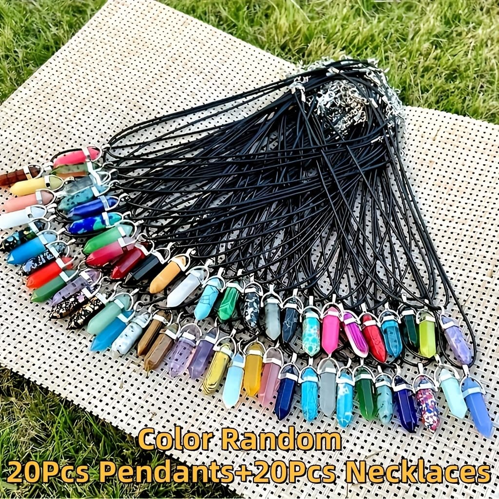 TEMU 40pcs Assorted Vibrant Random Color Hexagonal Shaped Stone Pendant With Black Necklace Chain, Ideal For Handmade Jewelry Making, Daily Wear & Gift
