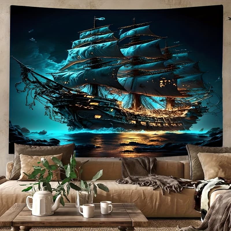 TEMU Pirate Ship Tapestry Wall Hanging For Room Bedroom Dorm Decor - Ocean Landscape Polyester Fiber Tapestry With Free Accessories - 93.98x71.12cm - Gift For And Yourself