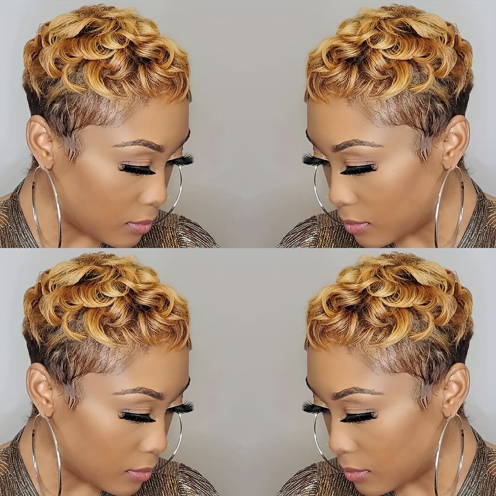 TEMU Nicelatus Short Mixed Black And Blonde Wig Featuring Curly Bangs, Ideal For Short Hairstyles, Cuts, And Synthetic Wigs For Women, Perfect For Halloween, Christmas Parties, And Music Festivals