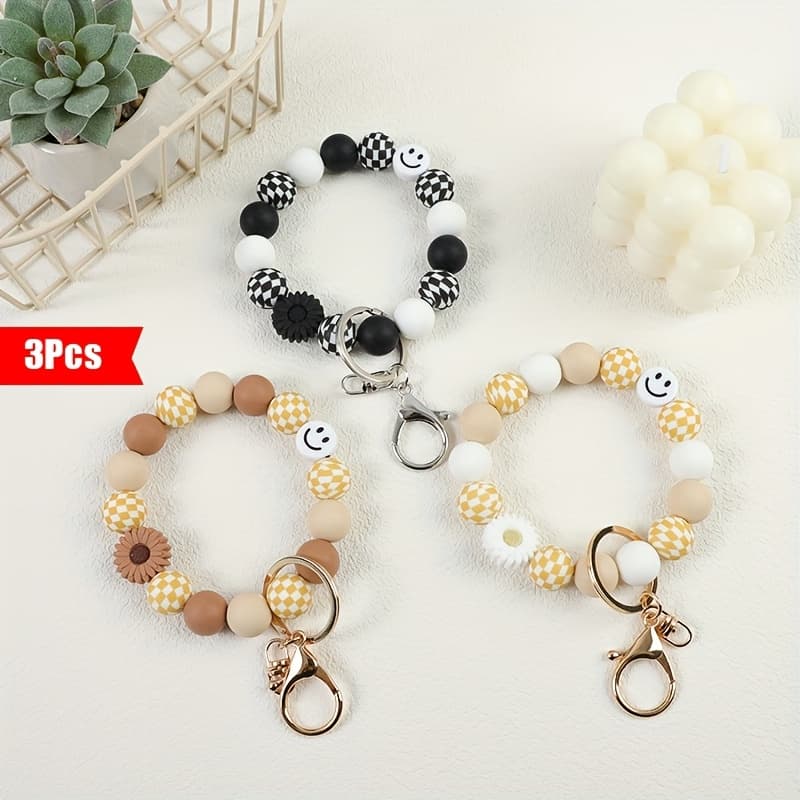TEMU 3pcs Set Of Smiling Acrylic Daisy Printed Silicone Bead Keychain Holiday Gift