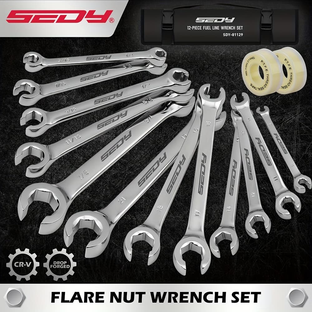 TEMU 12pcss Flare Nut Wrench Set With 2pcs Ptfe Tape, Chrome Vanadium Steel Line Wrench Set Sae & Metric 1/4"-7/8"& 9-21mm Set Double Open End With Organizer Pouch