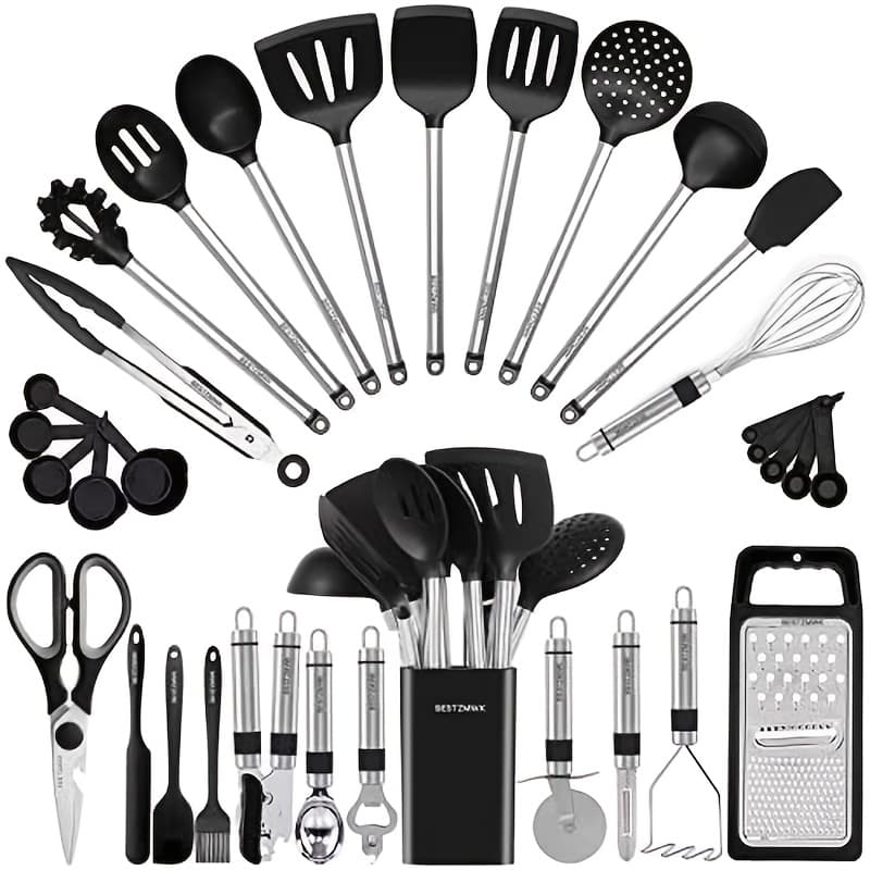 TEMU 33pcs Silicone Kitchen Utensil Set | Heat-resistant, Suitable For Cookware, Black Stainless Steel Handle, Includes Brush Set, Small Kitchen Tools, Ideal Father's Day Gift