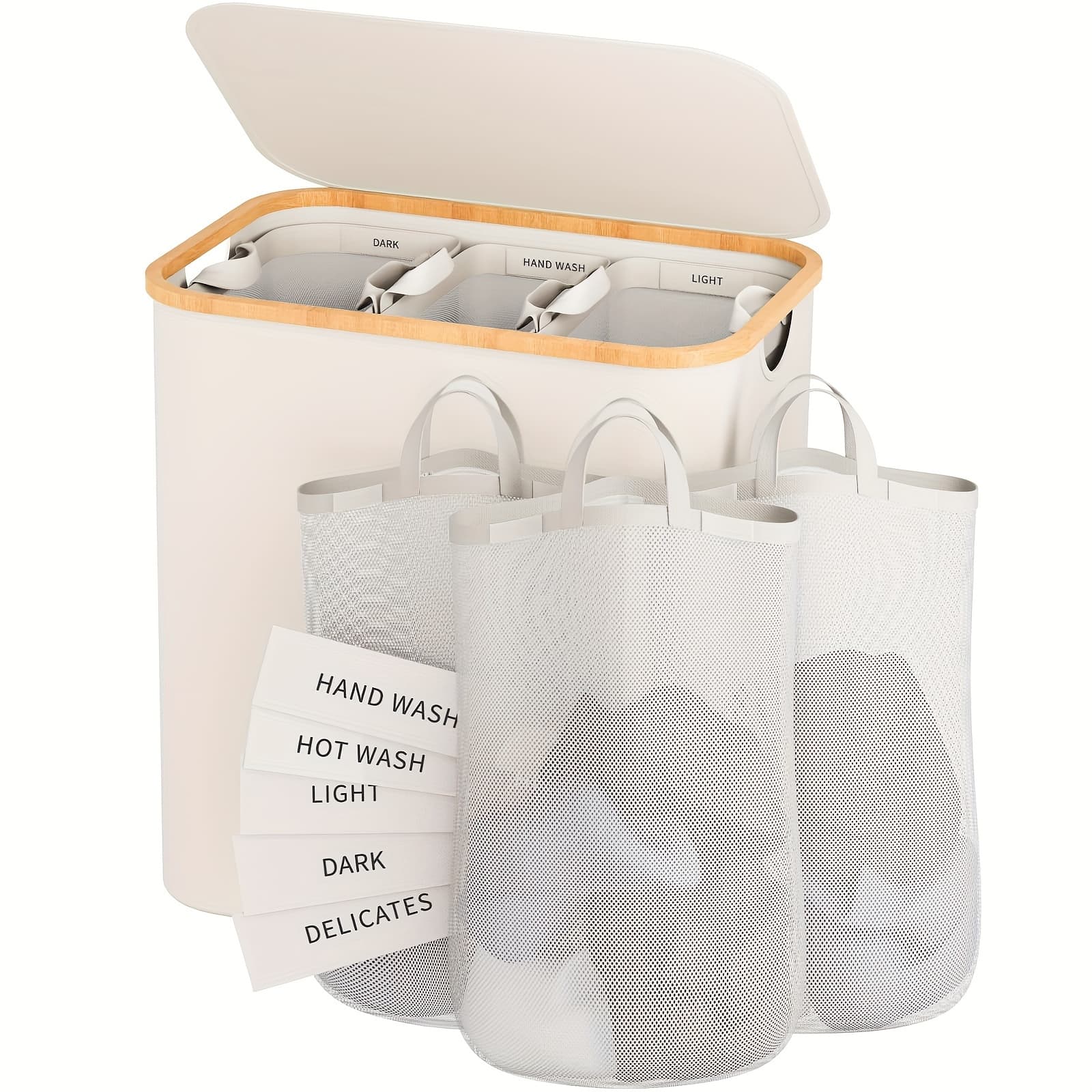 TEMU Laundry Hamper 3 Section, 145l Dirty Clothes Hamper With Lid, Extra Large Laundry Basket Organizer With Removable Inner Bags & Labels For Laundry Room, Bedroom, Beige, Laundry Baskets