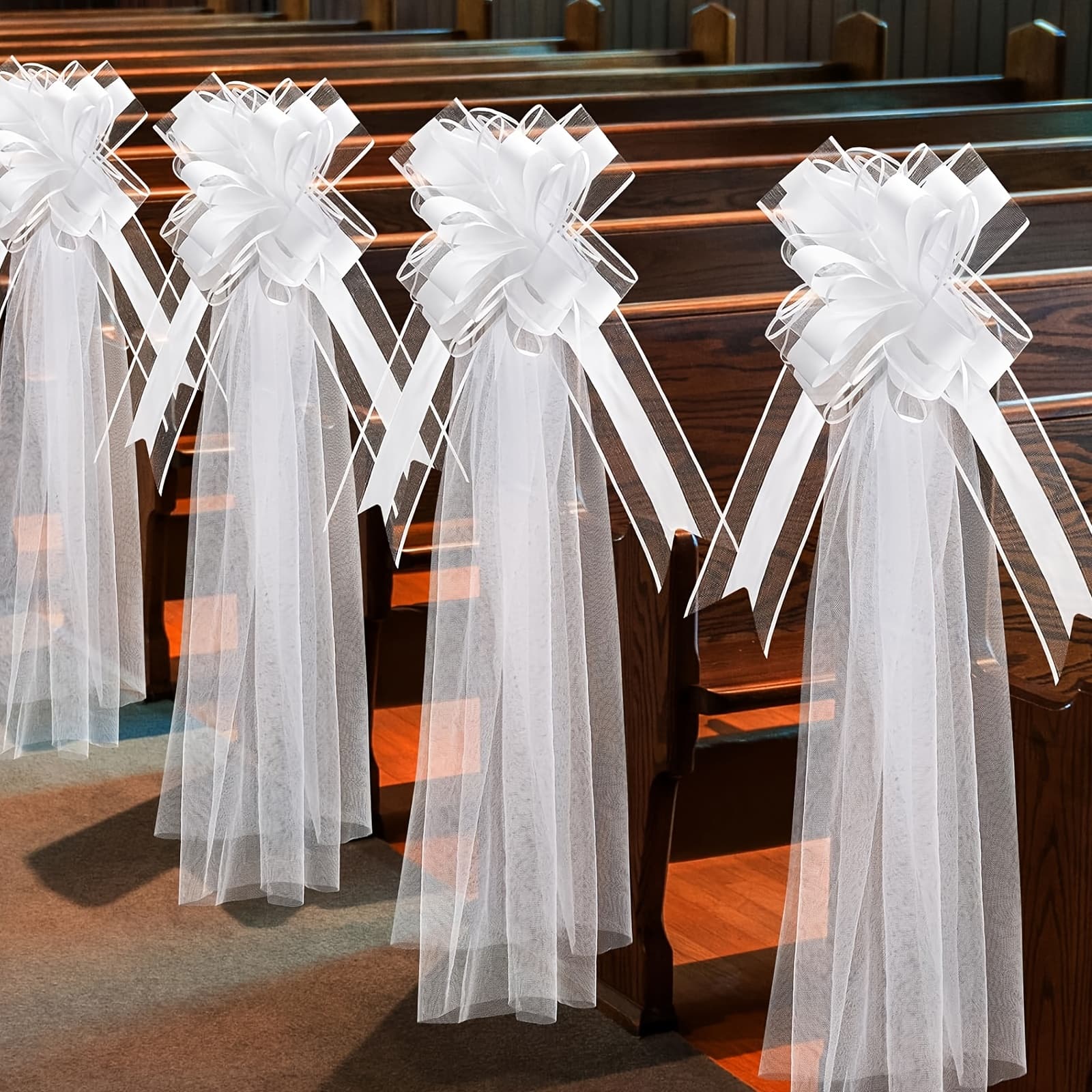 TEMU 8pcs Set (ribbon *4 + Mesh *4) Wedding Party Decoration White Bow Gauze Set, Chair Decoration Gauze, Suitable For Holiday Parties, Wedding Background Decoration, Very Suitable For Thanksgiving