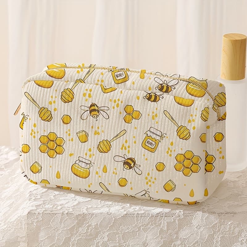 TEMU Women' & Honeycomb Print Thick Corduroy Makeup Bag - Cute Travel Cosmetic Organizer With Lipstick & Brush Pockets, Compact Beauty Pouch For , Fashionable Novelty Design, Small Makeup Bag