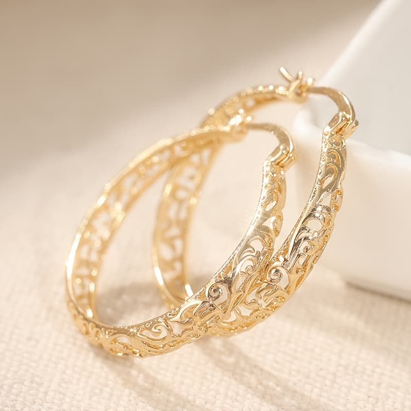 TEMU Vintage Copper Material Hollow Earrings - Lightweight And Elegant Jewelry Earrings Bohemian Style Golden Hoop Earrings