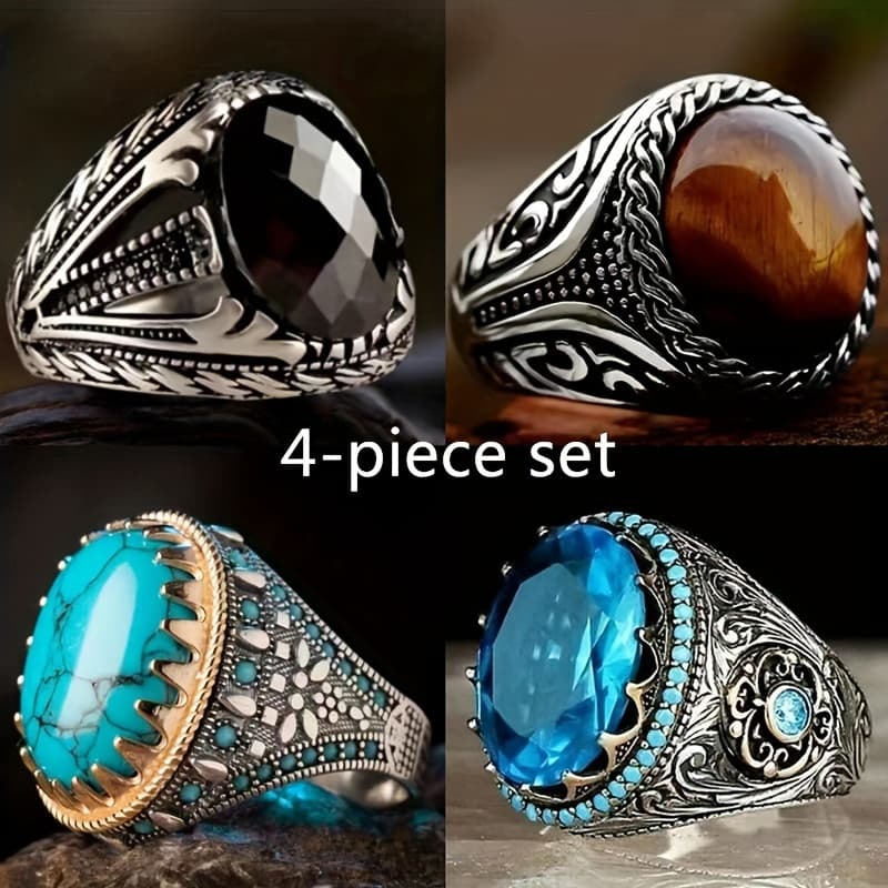 TEMU 4pcs/set Men's Business Artificial Synthetic Gems Ring With Black Carved Cocktail Ring, Anniversary Gift, Birthday Party, Engagement Gift