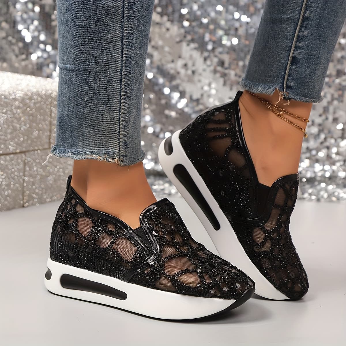 TEMU Women's Chic Black Sequin Mesh Sneakers - Breathable, Casual Sneakers, Lightweight Eva Sole, Women Shoes