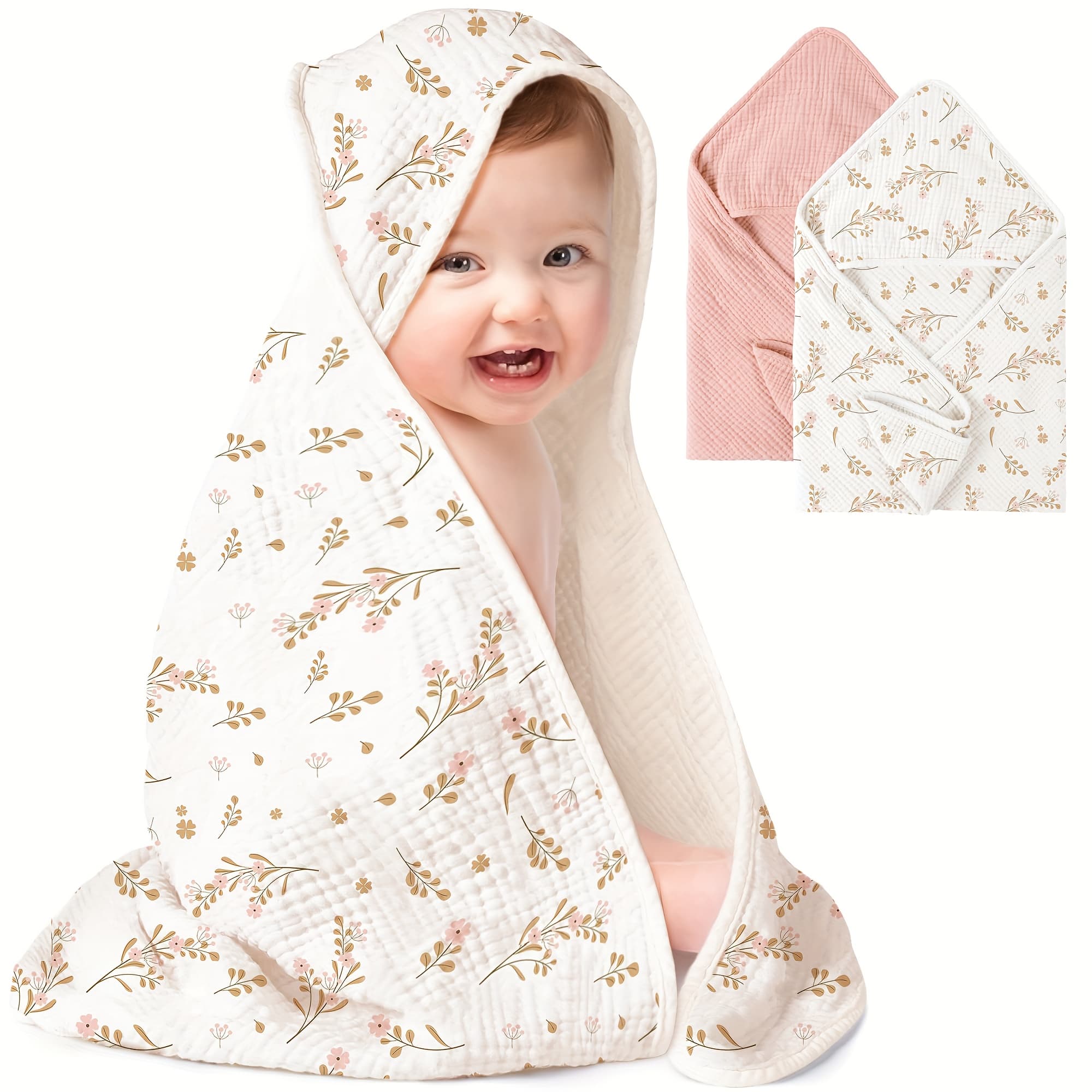 TEMU 2-pack 100% Cotton Muslin Baby Towels Suitable For Newborns & Infants - Low-allergy Hypoallergenic Hooded Bath Towels, & Absorbent With Hood, Gentle For Skin, Ideal For Baby Showers (30"x30")