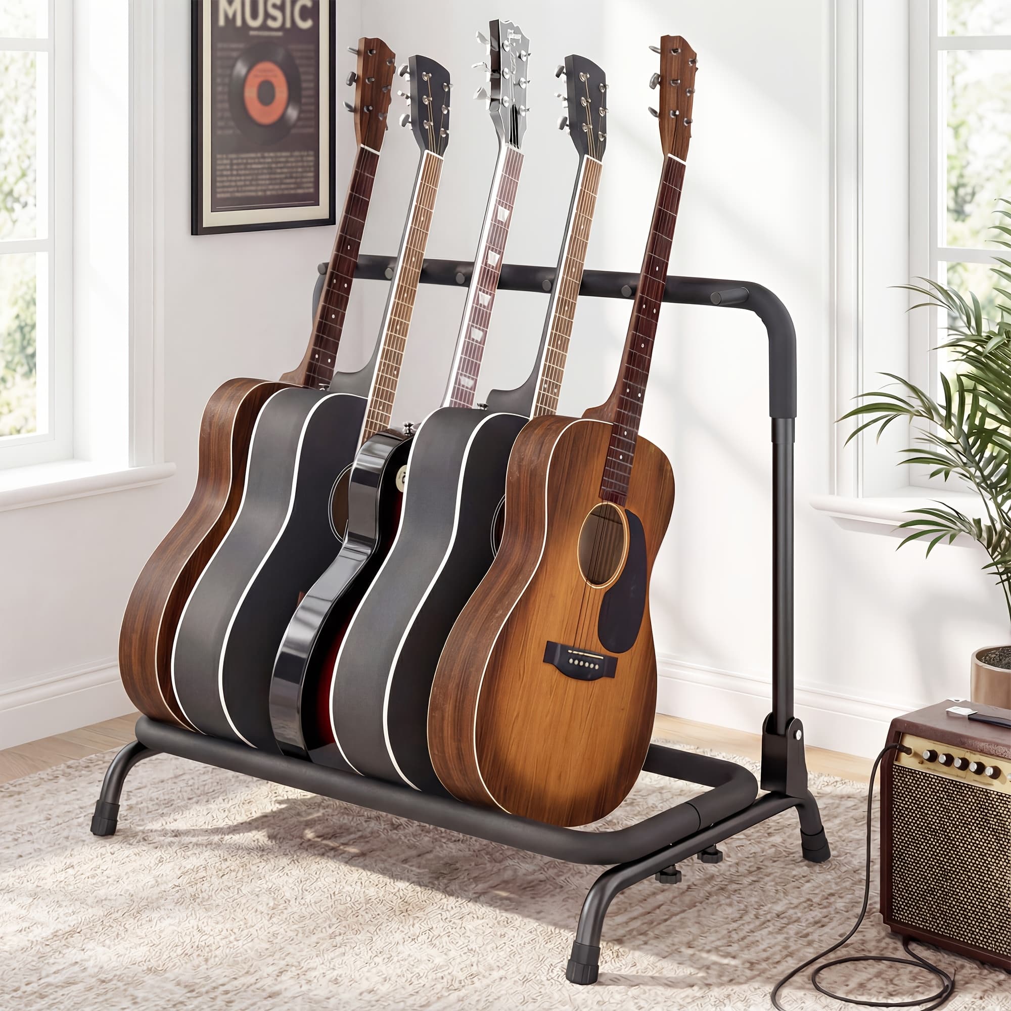 TEMU Guitar Stand To 5 Guitars, Multi Guitar Rack For Acoustic//electric Guitars Home Rack, Guitar Rack With Easy Folding Space-saving Design, With , Black