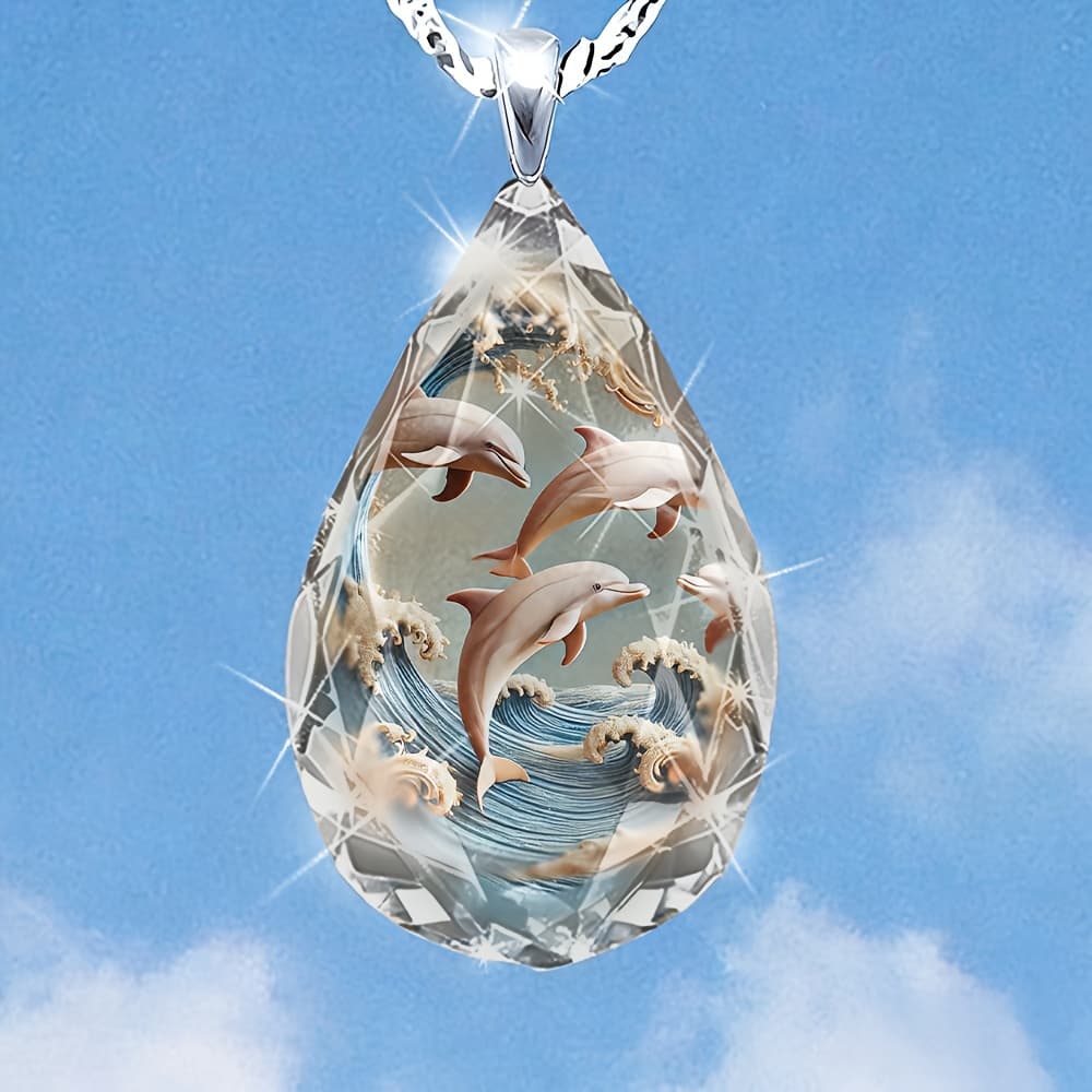 TEMU Women's Teardrop-shaped Glass Dolphin Leaping Over Waves Relief Pendant Necklace, Elegant And , Suitable For Everyday Wear And Special Occasions