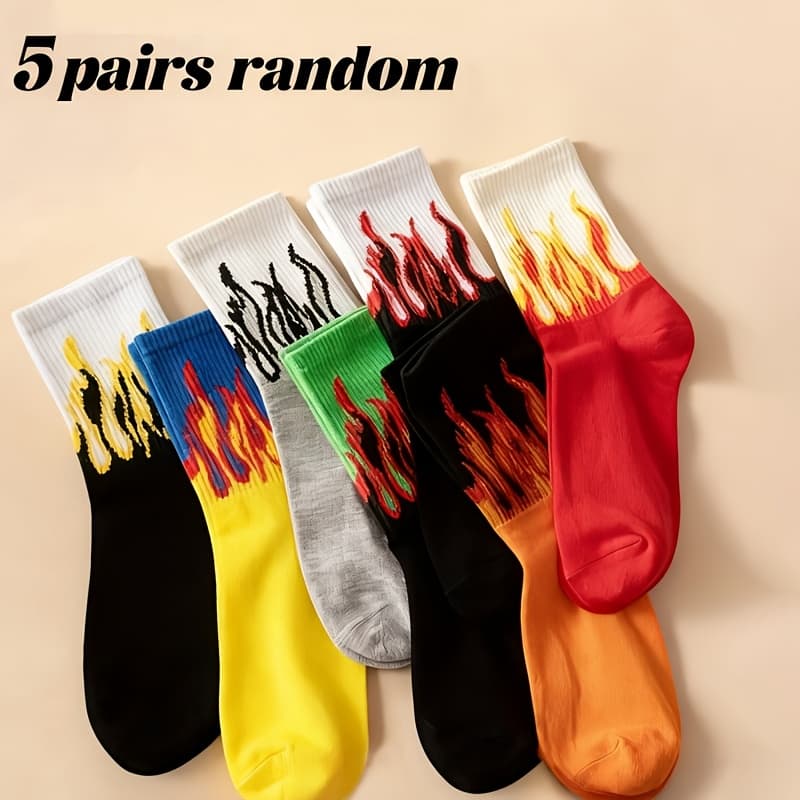TEMU 5/10/20 Pairs Random Unisex Color-block Flame Pattern Crew Socks, Creative Fashion Sports Socks, Suitable For Daily Wear, All