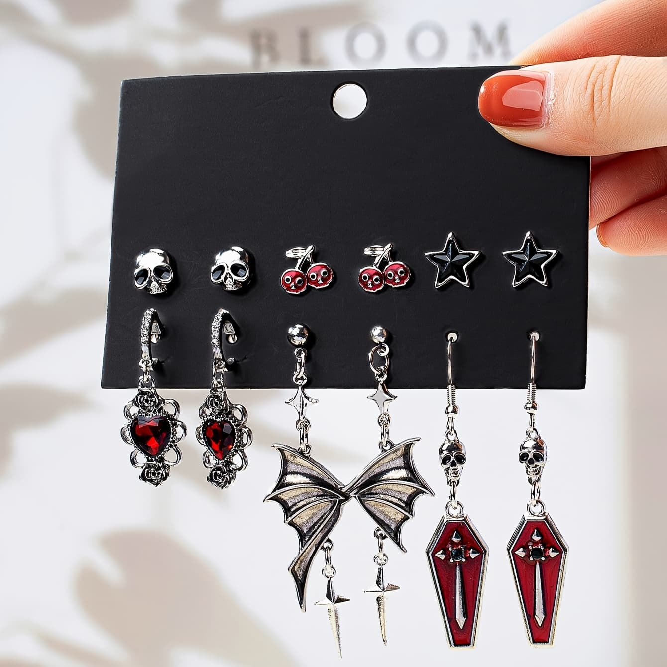 TEMU 6 Pairs Of Gothic Skull Cherry Rose Bat Wing Coffin Halloween Earring Set