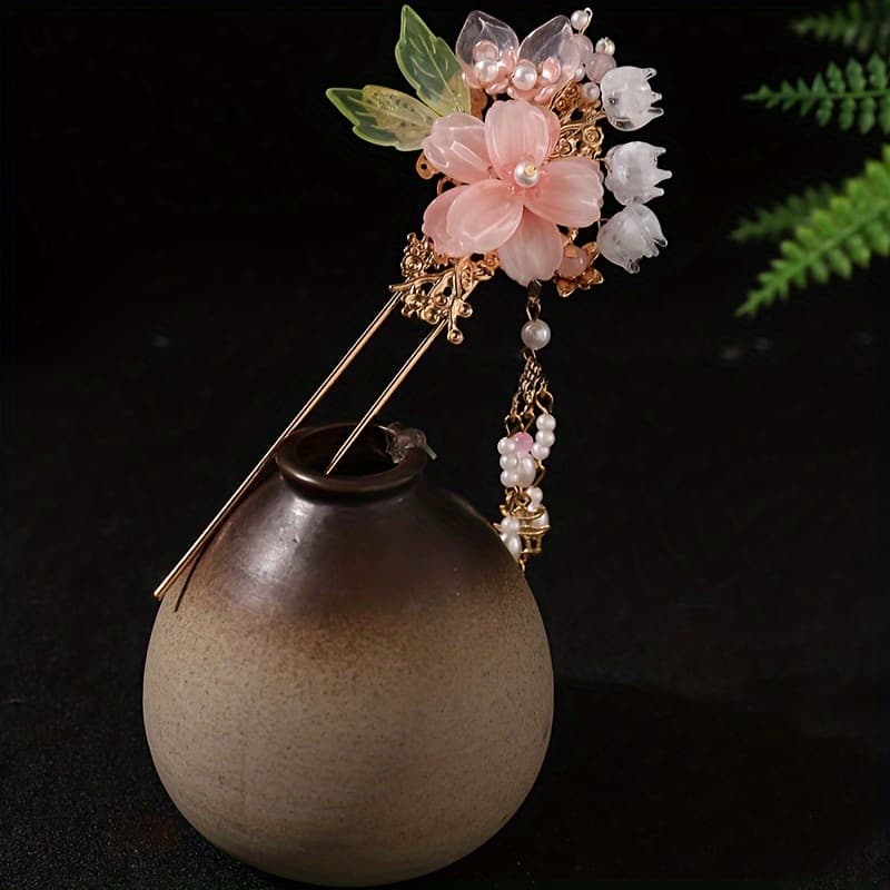 TEMU New Traditional Hair Additions Featuring A Glass Flower Hairpin With Tassels, Orchid Hair Insert, And Other Ancient Costume