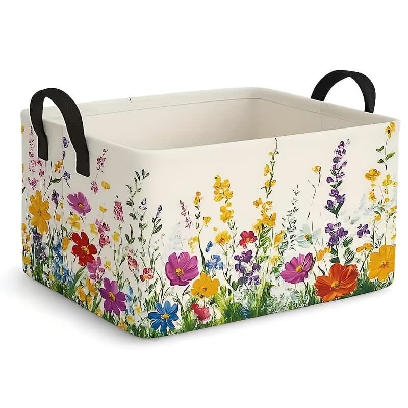 TEMU 1pc Foldable Watercolor Storage Basket With Handle - Collapsible Canvas Laundry Basket Suitable For Clothes,,, Bathroom Organization, Space-saving Modern Basket For Home Decor, Foldable Basket