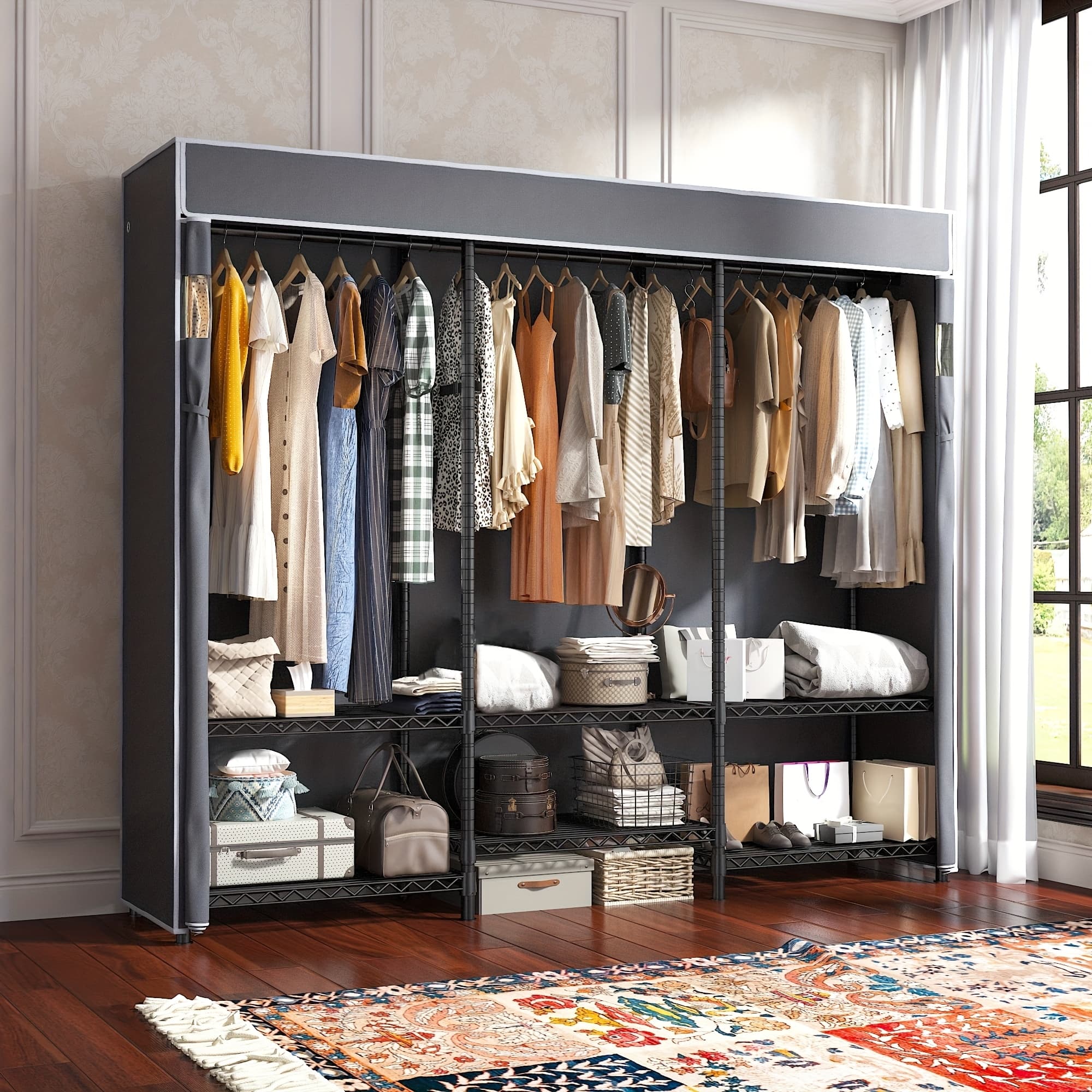 TEMU Heavy Duty Clothes Rack With Cover, 800lbs Capacity Portable Closet Organizers And Storage, Metal Garment Rack For Hanging Clothes, Wire Display Stand, Durable Clothing Rack, 56"w X 16"d X 75.5"h
