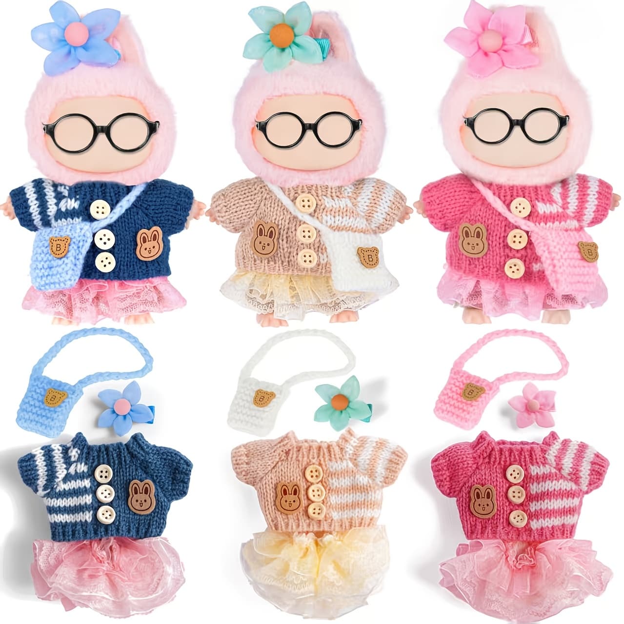 TEMU 3 Sets Doll Clothes For Labubu-fashion Outfit Collection Knit Tops + Tulle Skirts + Floral Hair Clips & Bags -( No Doll No Glasses)festive Gift Birthday Present 3+