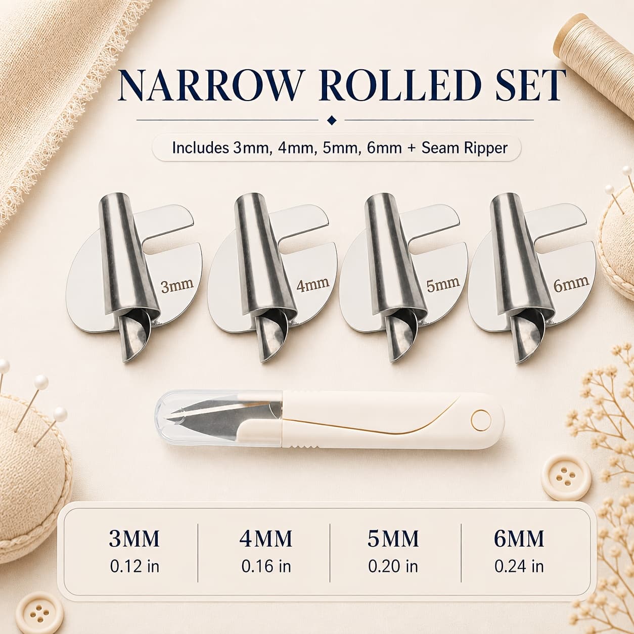 TEMU 5pcs Universal Sewing Rolled Foot & Scissors Set - [3-10mm] - Wide Rolled Hem Pressure Foot, 4.3inch Sewing Scissors, Yarn Thread Cutter Small Trimming Nipper